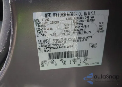 2004 Ford F-250 Lariat/Xl/Xlt from USA, damaged, VIN 1FTNW20L94EB48554